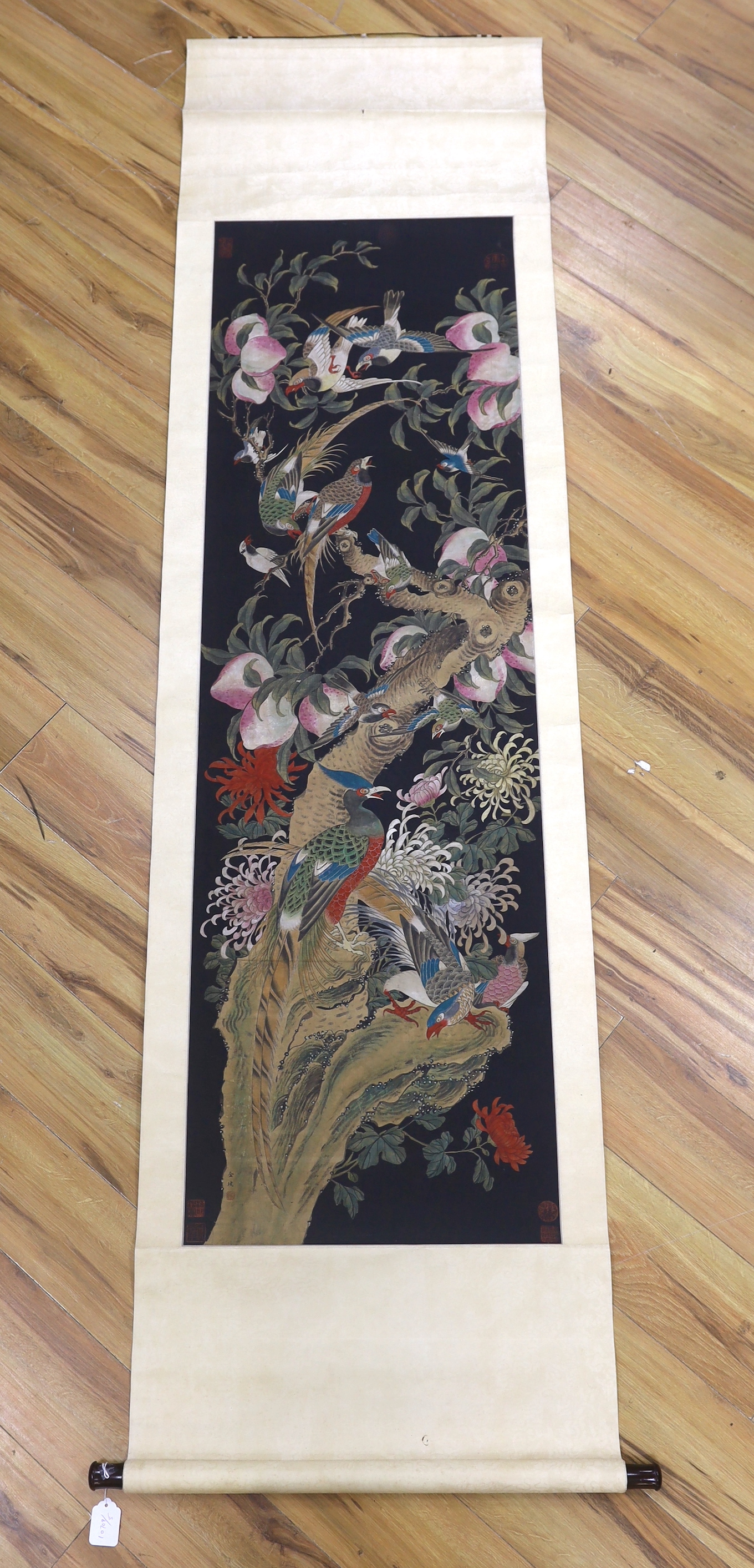 A Chinese hundred bird painted scroll, 239cm high
